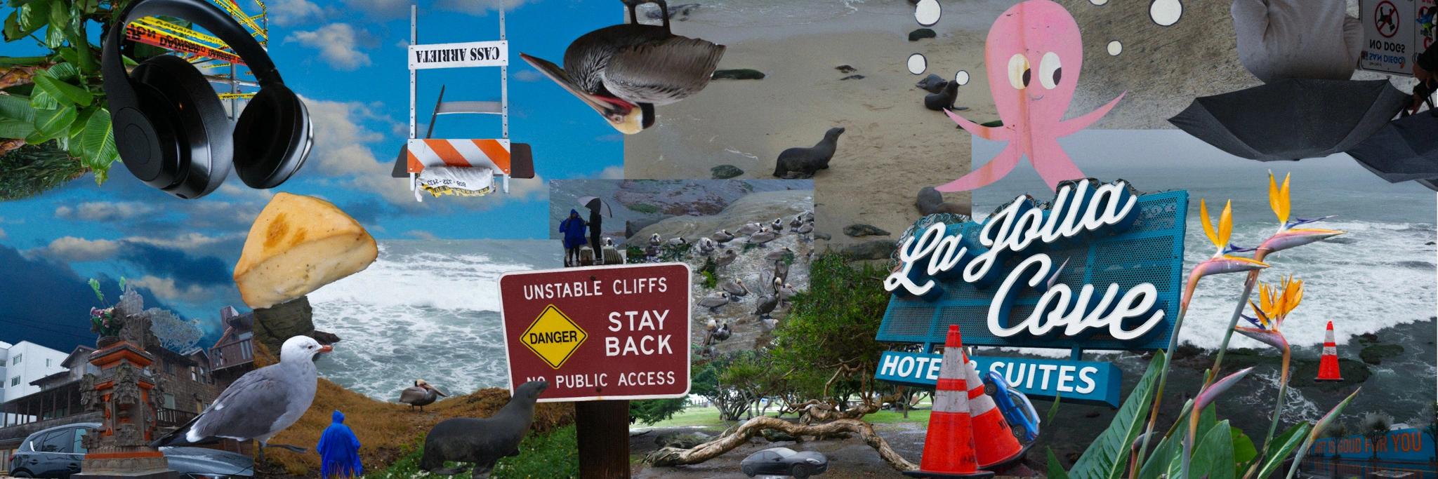 Digital collage of rainy day at La Jolla Cove